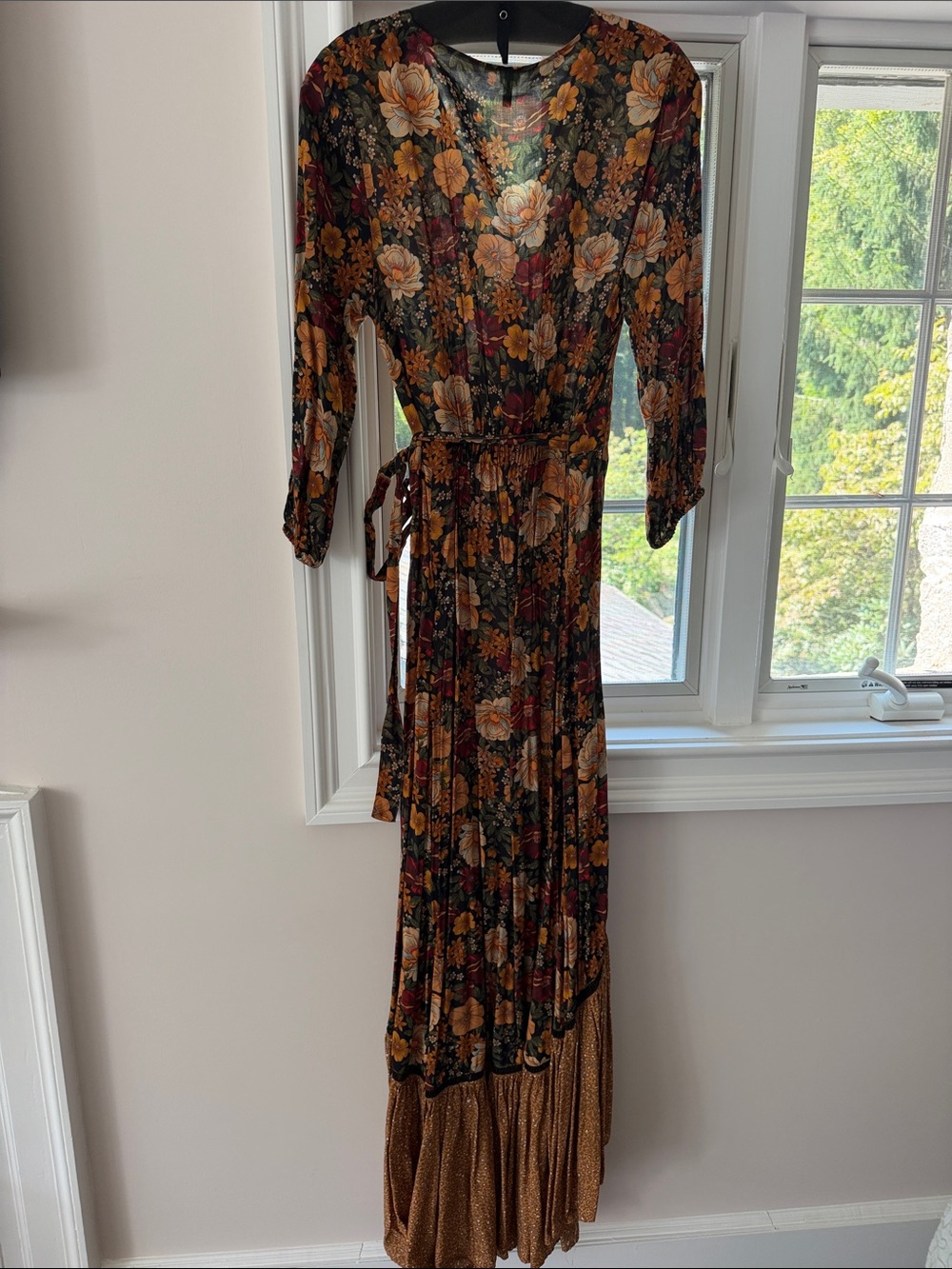 FARM Rio Floral Wrap Maxi Dress in Burgundy, Mustard, and Black - Picture 3 of 3